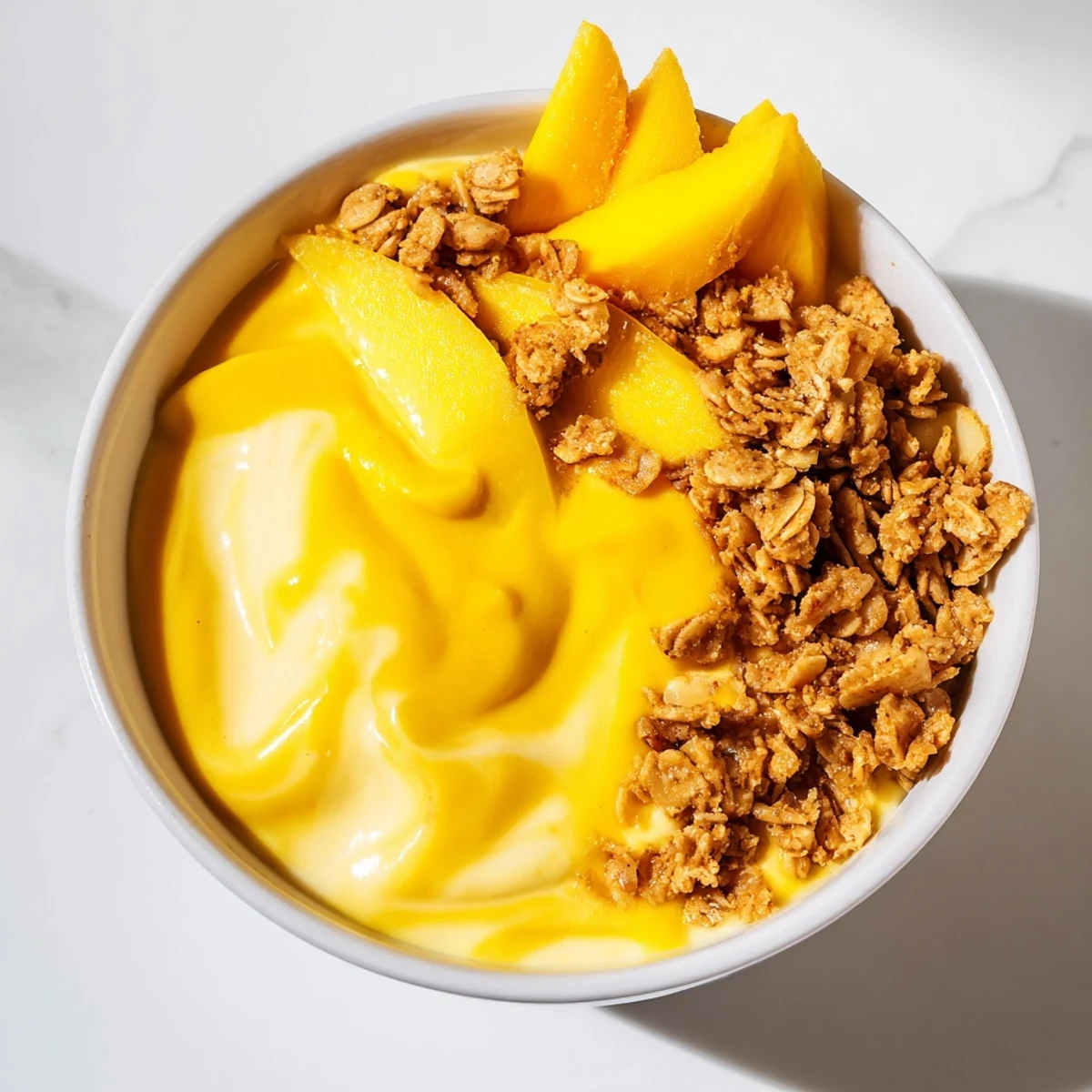 Creamy, blended Mango Overnight Oats topped with golden granola and fresh mango, ready to eat.