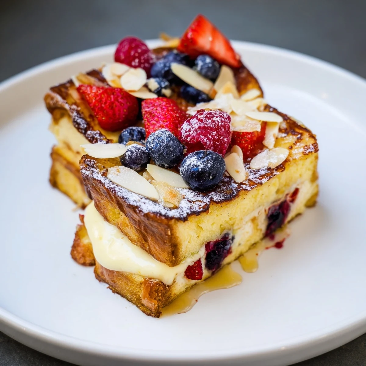 Golden custard toast bubbling in the oven, ready for berries and a drizzle of honey.