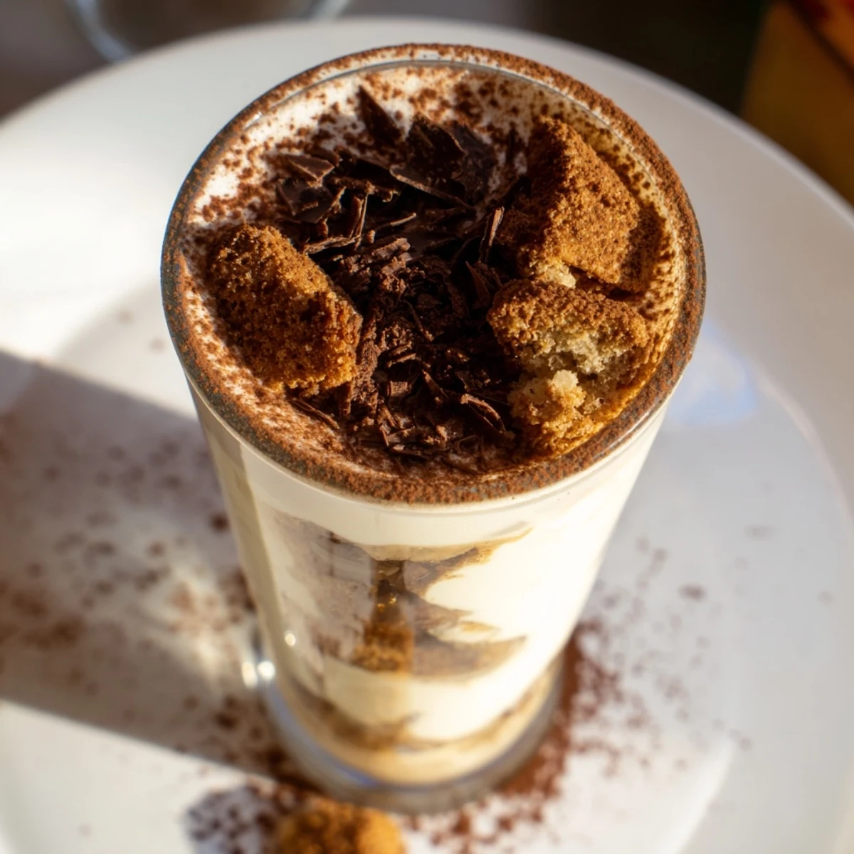 A close-up of a creamy Tiramisu Latte, showcasing the layers of biscuit, mascarpone, and rich espresso.