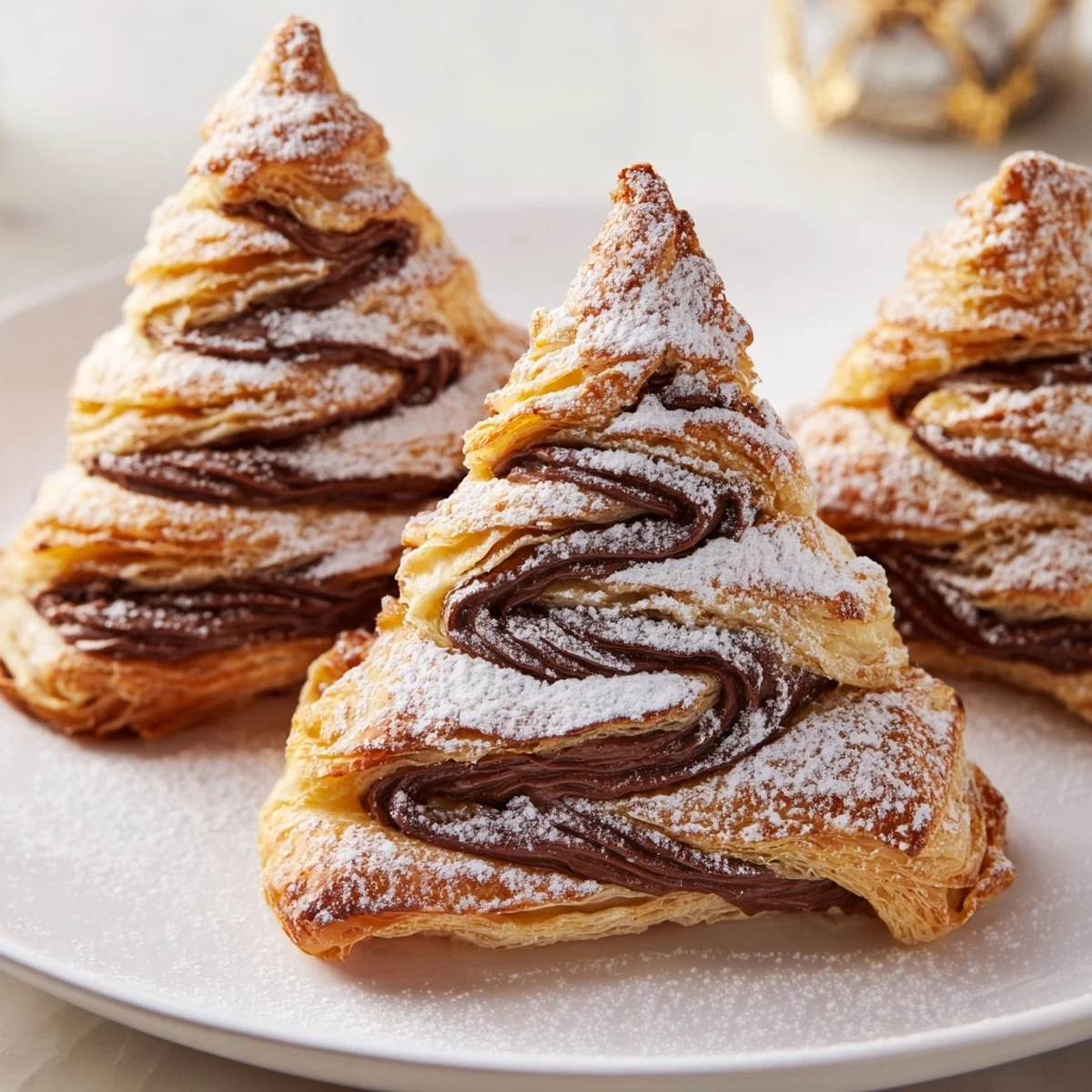 Golden Nutella Pastry Christmas Trees, perfect for sharing, look warm, flaky, and dusted with powdered sugar.