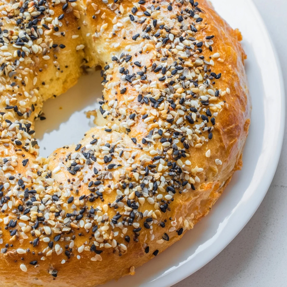 Warm, golden-brown everything bagel yogurt bagels sprinkled with savory seasoning, fresh from the oven.