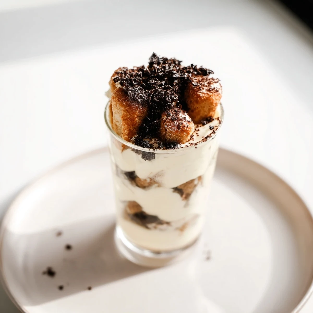 Individual glasses of deconstructed tiramisu shots capture the essence of tiramisu with a light, airy texture.