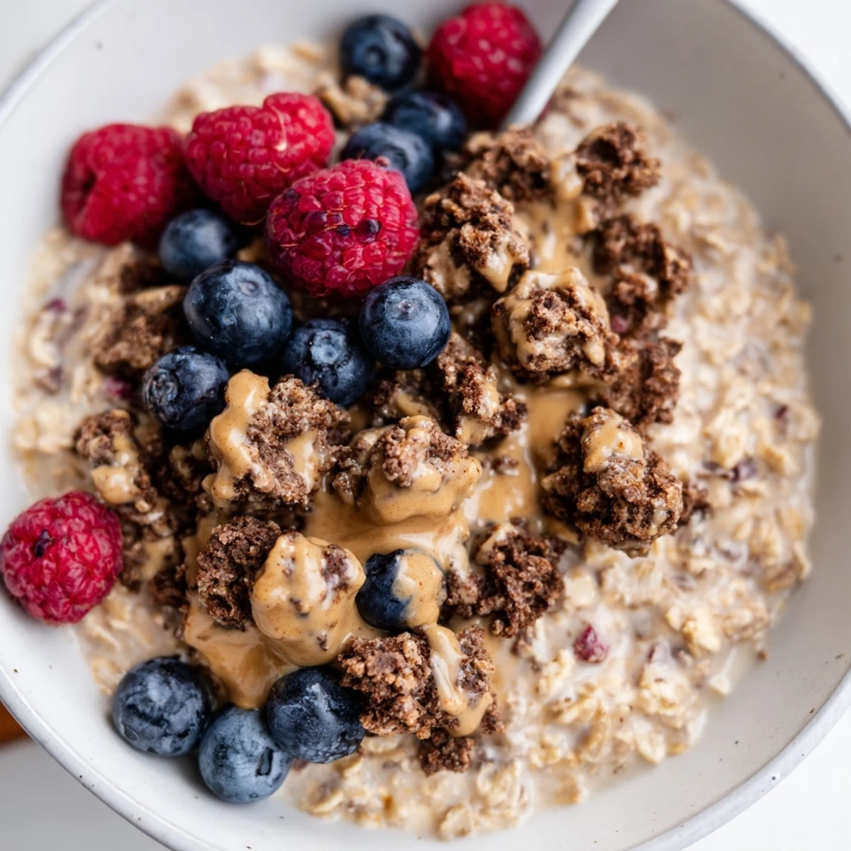 Rich overnight oats gourmet makeover featuring espresso, granola, and a drizzle of maple syrup.