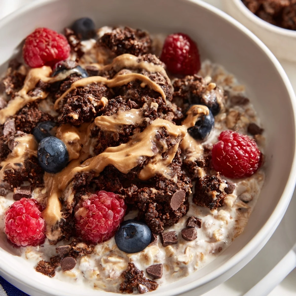 Delicious overhead shot of a gourmet overnight oats makeover, ready for a flavorful breakfast.