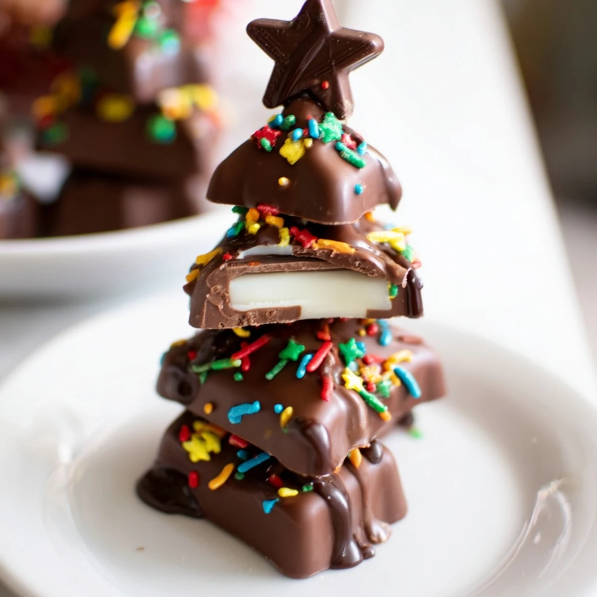 Whimsical Chocolate Kinder Christmas Trees, shimmering with sprinkles and drizzled milk chocolate, ready to enjoy.