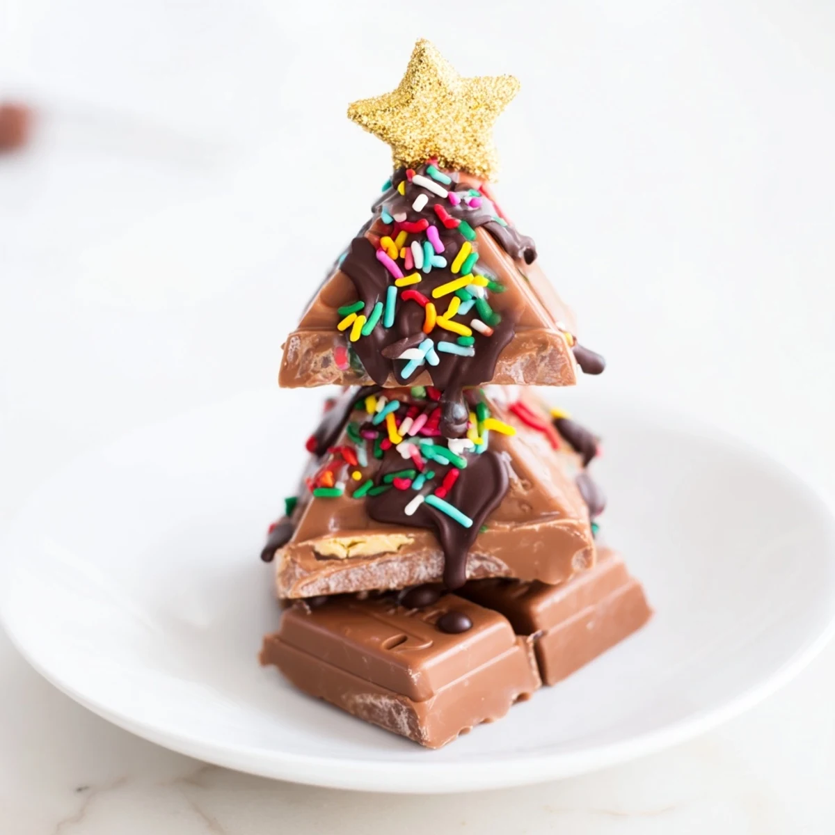 Homemade Chocolate Kinder Christmas Trees: stacked with chocolate and adorned with festive stars, ready for a dessert.