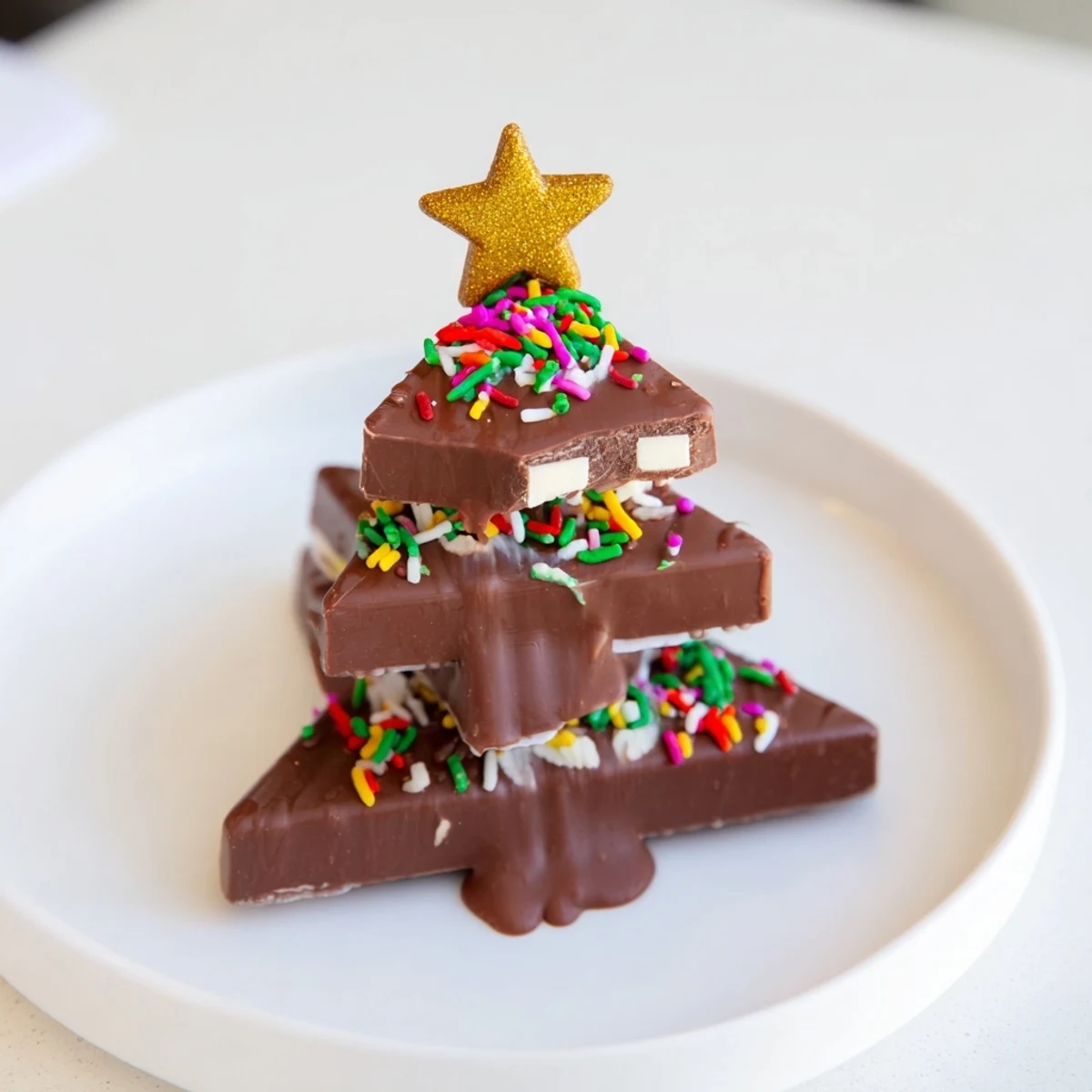Richly drizzled Chocolate Kinder Christmas Trees with colorful sprinkles, a delightful, easy holiday dessert idea.