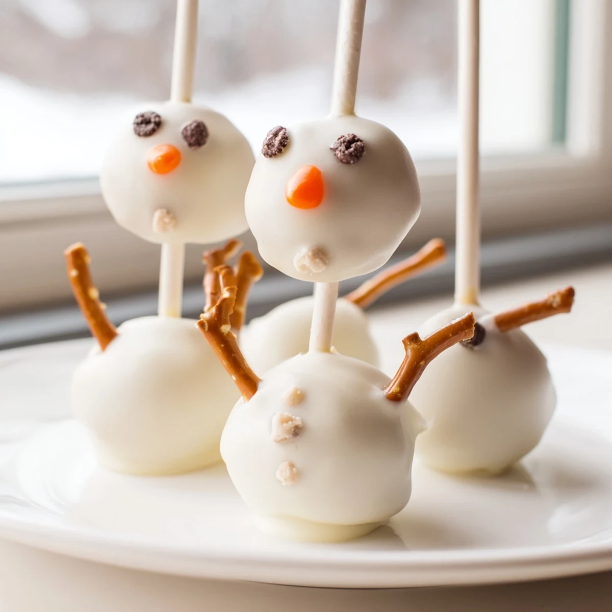 Melted white chocolate covers cute Oreo Snowman Cake Pops, ready to be decorated with festive details.