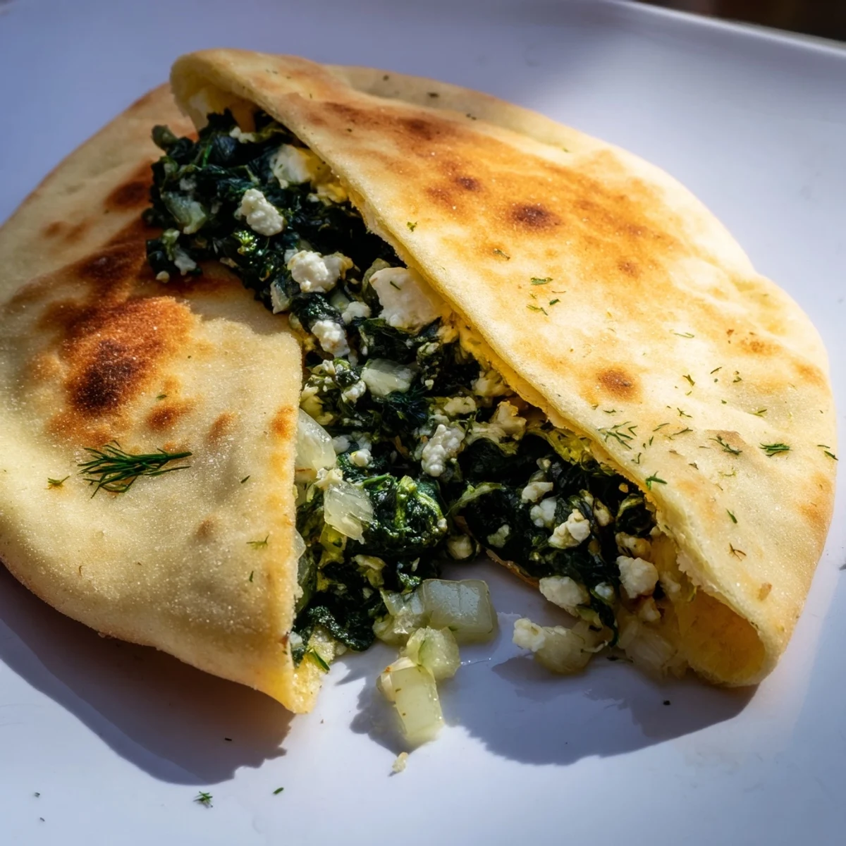 Golden, pan-fried Turkish Spinach & Feta Flatbread, showcasing a savory filling, ready to serve with yogurt.