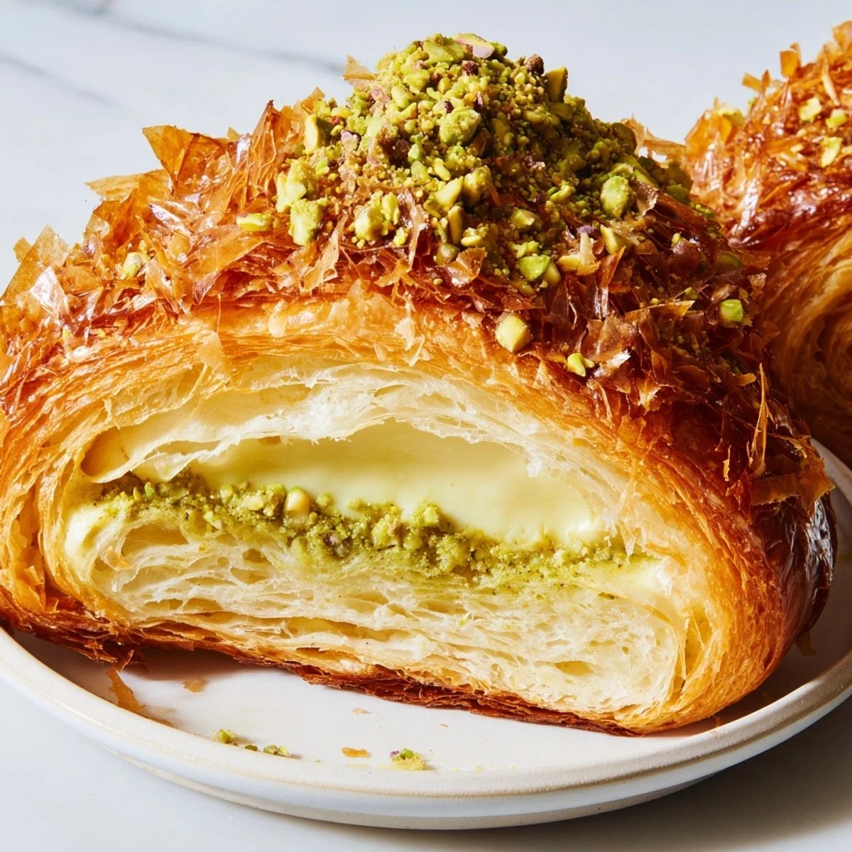Golden, flaky Pistachio Cream Croissants, a decadent pastry filled and topped with a pistachio crunch.