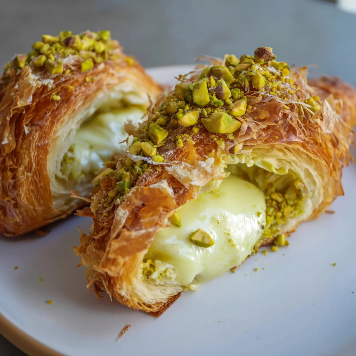 Imagine the delightful crunch of toasted phyllo: these golden Pistachio Cream Croissants are perfect.