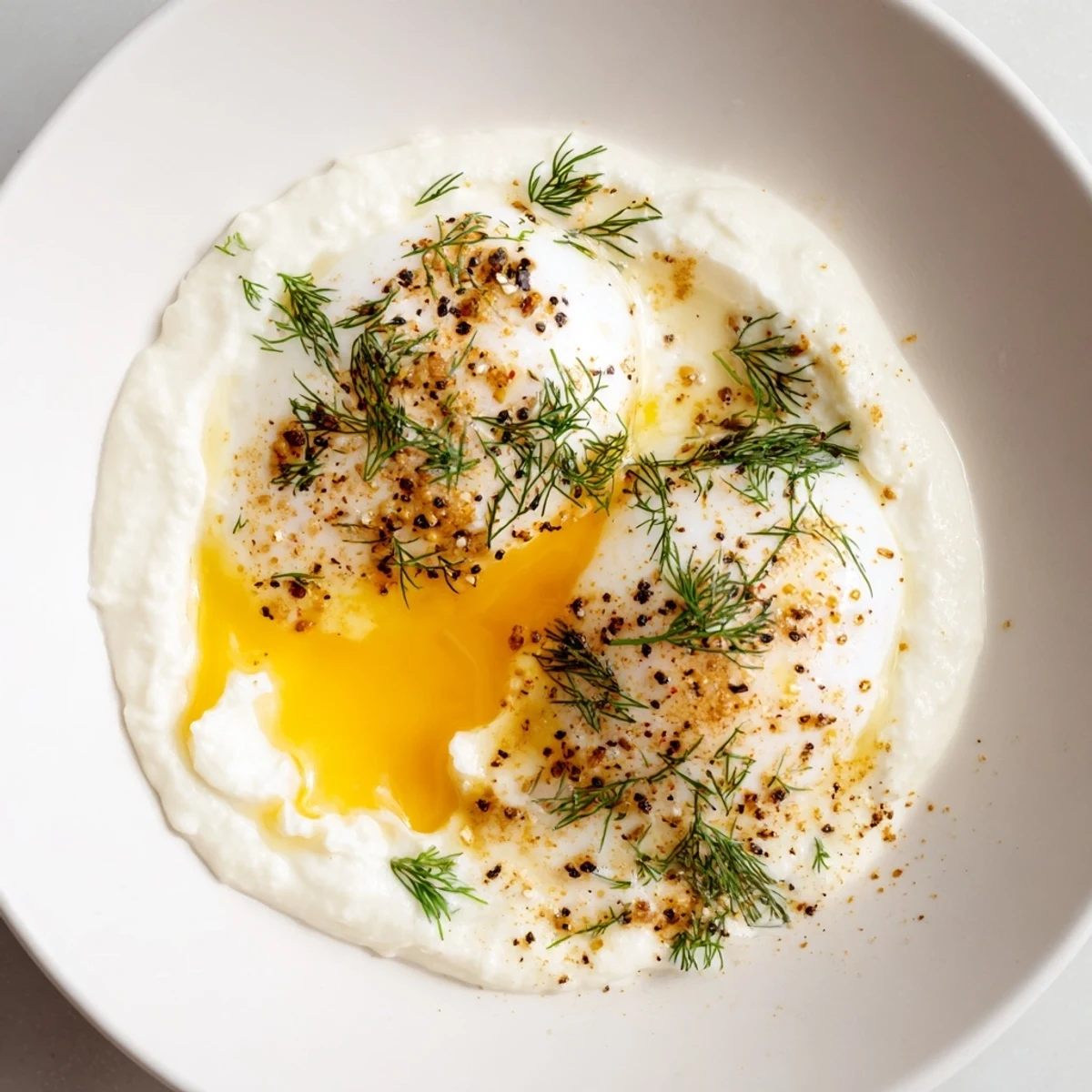 A visually appealing plate of Cilbir, showcasing runny yolks and a fragrant butter drizzle.