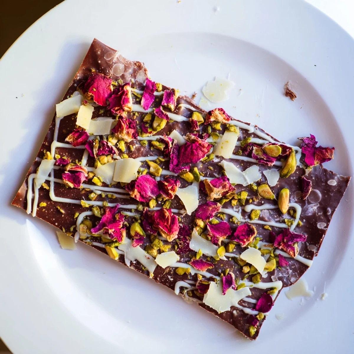Homemade Pistachio Dubai Chocolate Bark featuring a textured, delicious mix of dark chocolate and pistachios.