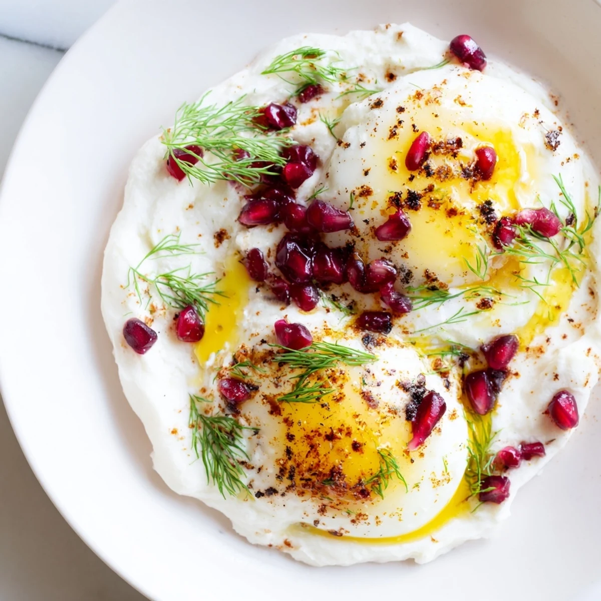 Delicious and colorful Çılbır, a Turkish breakfast featuring runny yolks and fresh pomegranate seeds.