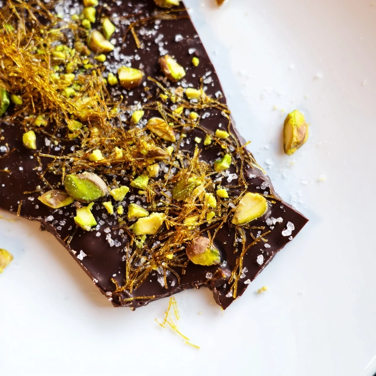 Rich dark chocolate Kataifi Crunch Bark, a delightful fusion dessert with Middle Eastern flavors.
