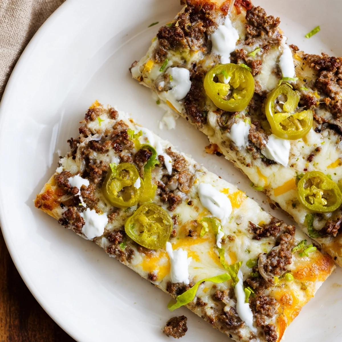 A close-up of a bubbling, cheesy ground beef taco pizza, showcasing vibrant Tex-Mex toppings.