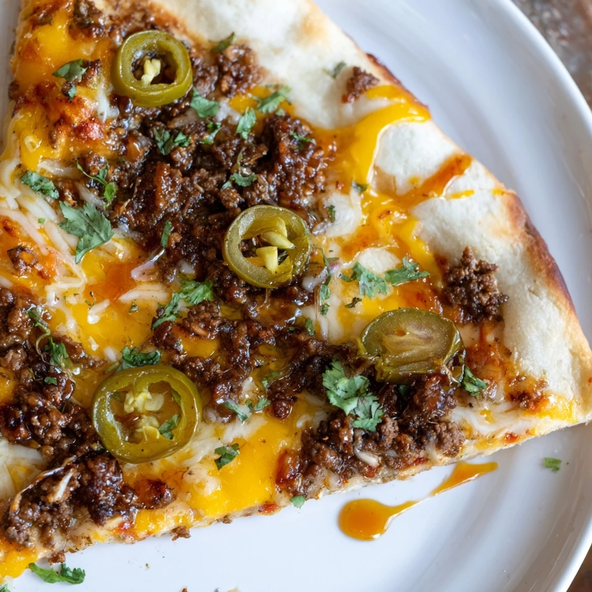 Close-up of a spicy ground beef pizza base, bubbly cheese, and a sweet, hot honey drizzle.