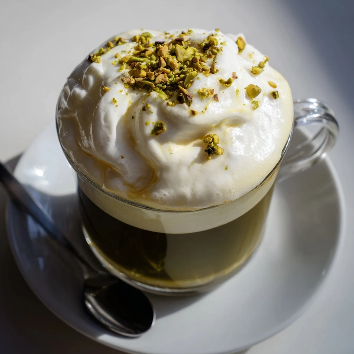 Steaming pistachio milk layered over espresso, topped with airy cold foam in this Pistachio Latte.