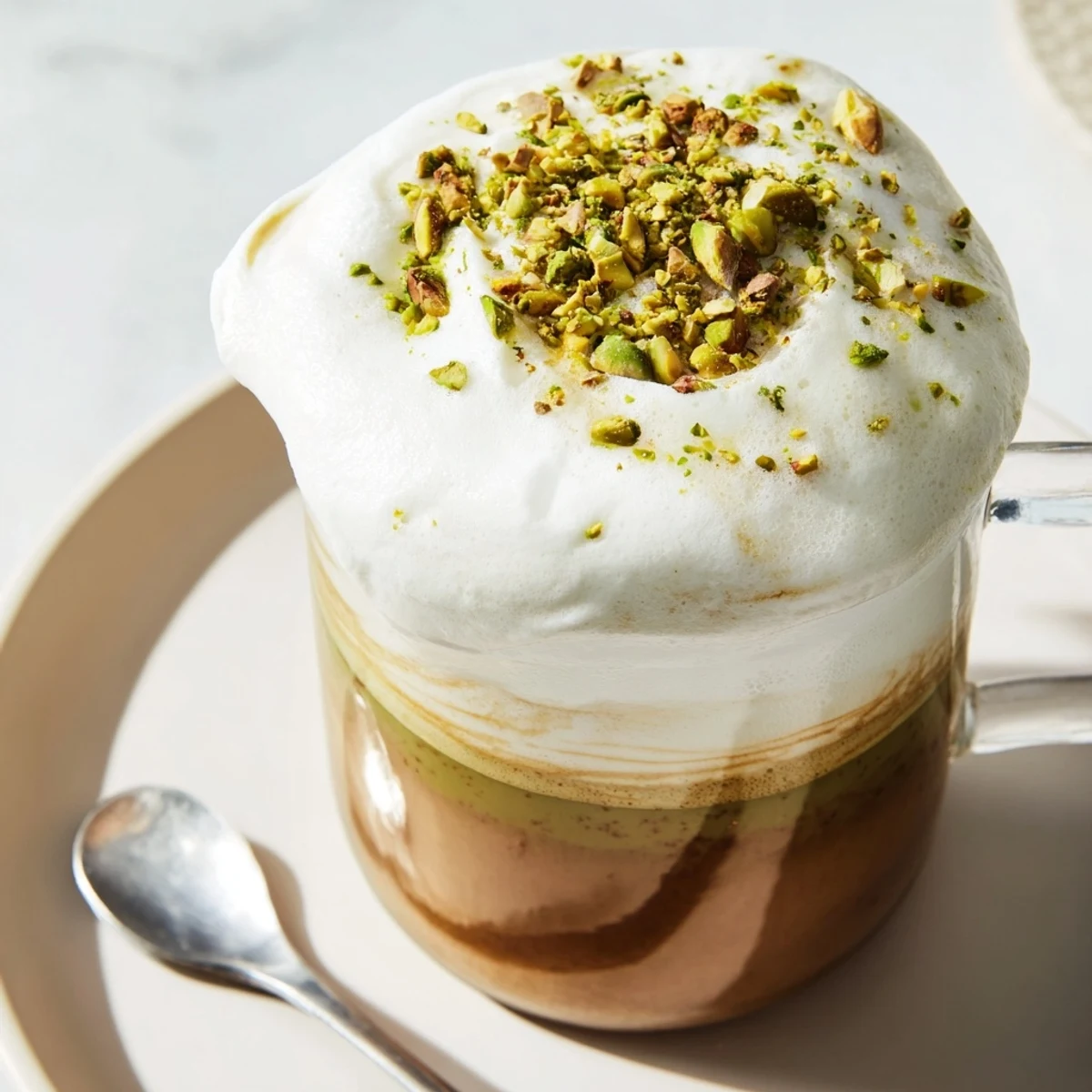 Enjoy a luxurious, frothy Pistachio Latte, featuring nutty flavors and a delicate whipped topping.