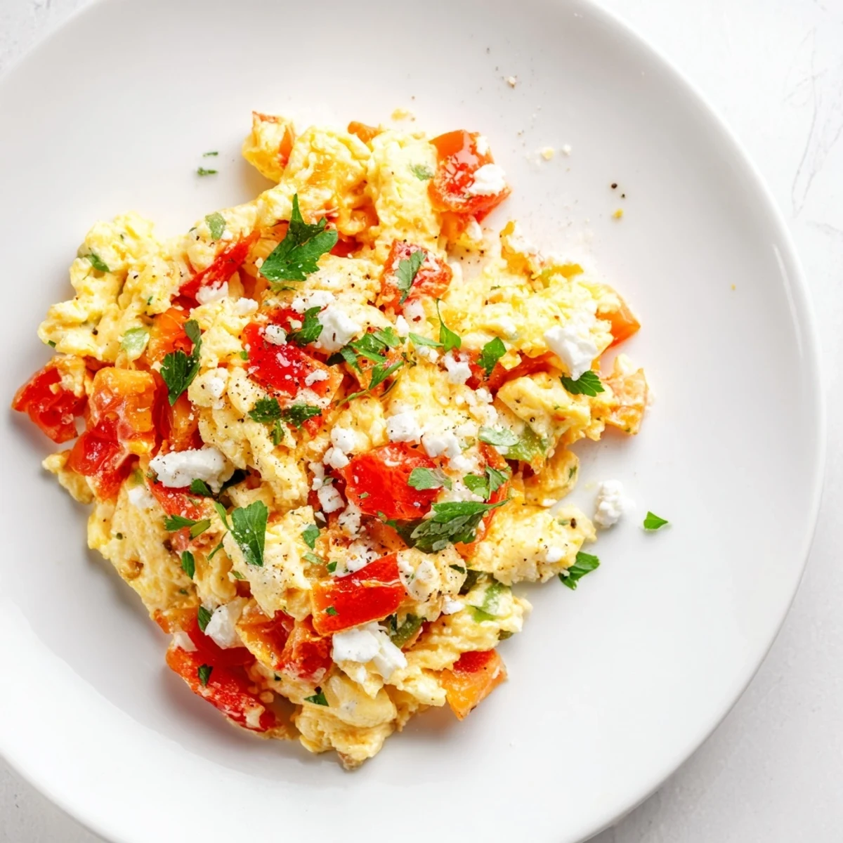 Golden Turkish menemen with softly scrambled eggs, tomatoes, and peppers, inviting you to enjoy this flavorful breakfast.