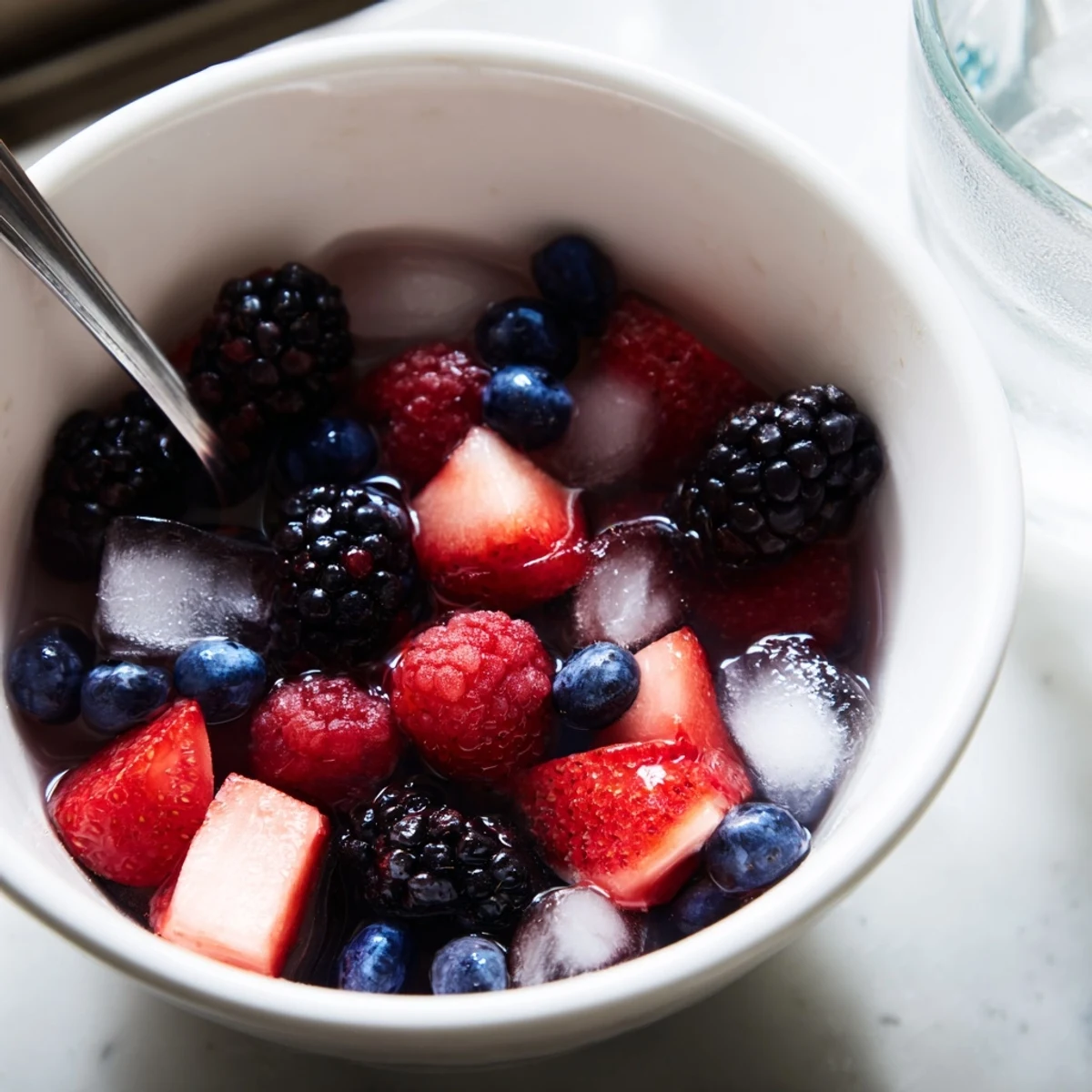 Bright, chilled Nature's Cereal Bowl featuring mixed berries and clear coconut water for a healthy snack.