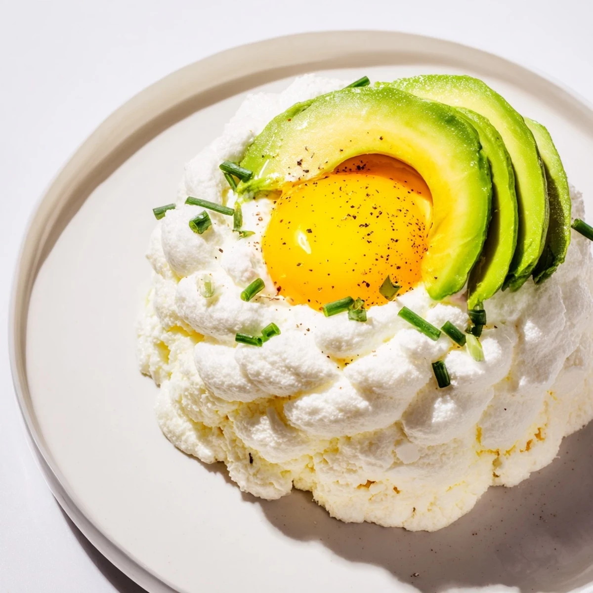 Fluffy cloud bread breakfast clouds, topped with avocado and a perfectly poached egg, ready to enjoy.