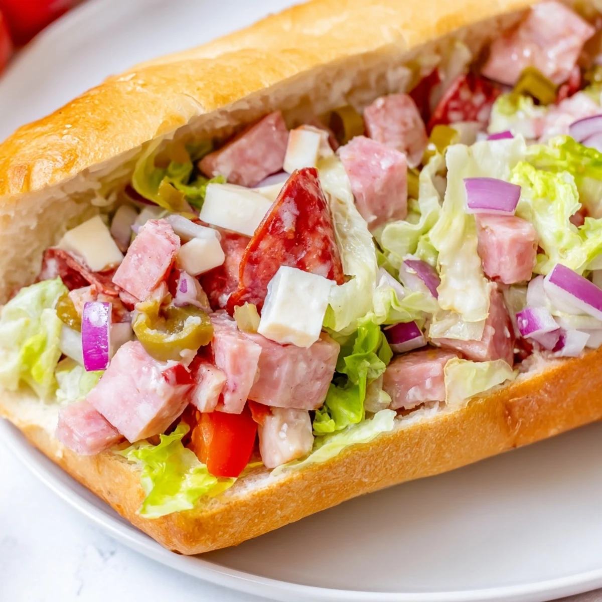 Pile of the savory Chopped Italian Grinder Sandwich, with golden toasted roll and fresh fillings.
