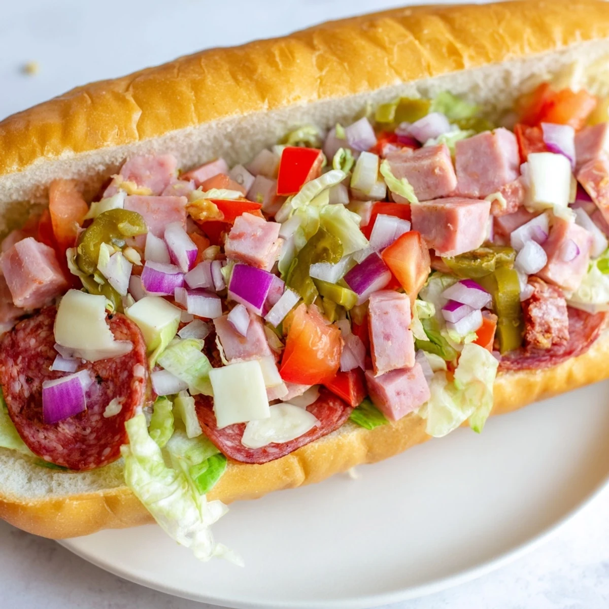 Enjoy a delicious bite of this classic Chopped Italian Grinder Sandwich, ready for lunch.