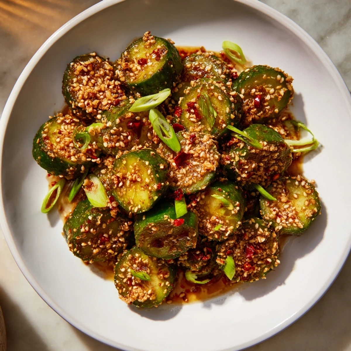 Bright green Shake Shake Garlic Cucumbers in a jar, tossed with a savory soy-sesame dressing, ready to enjoy.