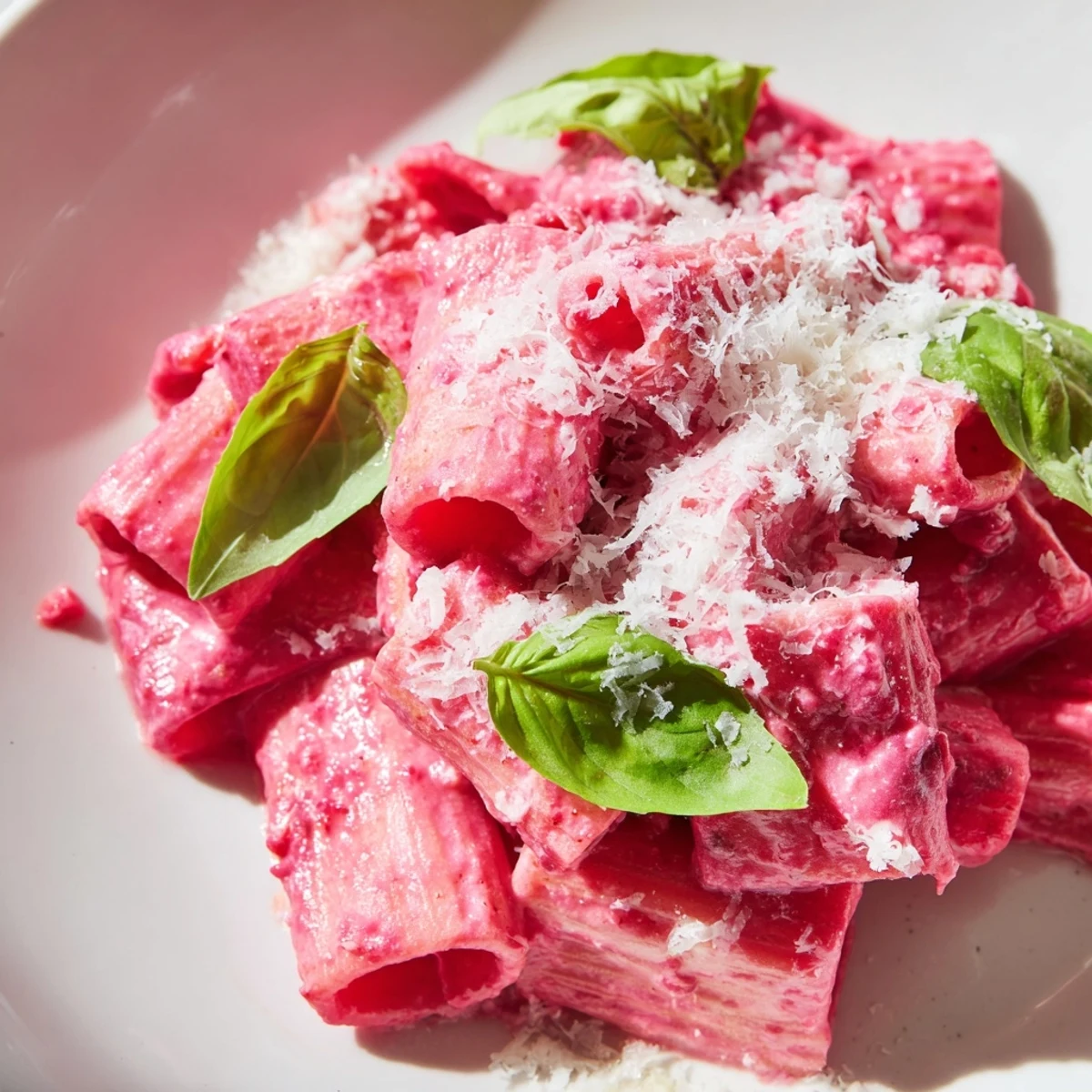 A close-up of finished Pink Pasta with Beet Cream, showcasing the creamy sauce and perfectly cooked pasta.
