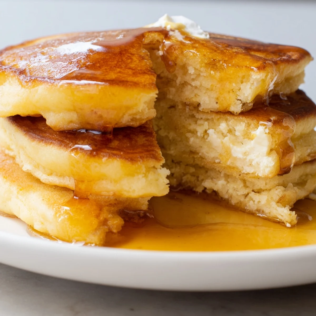 Golden, fluffy cottage cheese pancakes stacked high, perfect for a healthy and satisfying breakfast.