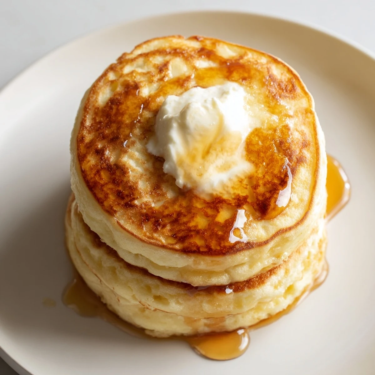 Close-up of cottage cheese pancakes, showing their airy texture and cooked to a beautiful golden brown.