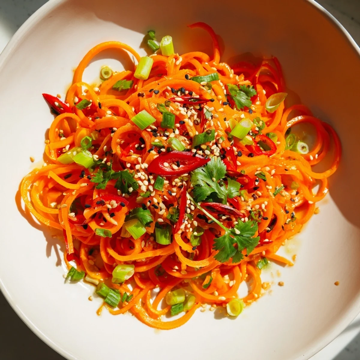 Freshly tossed Carrot Ribbon Salad Asian-Style: ribbons glistening with a flavorful soy-sesame dressing.