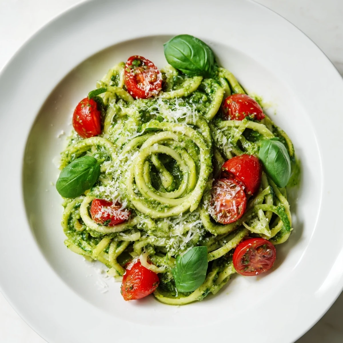 Creamy, vibrant Avocado Pesto Zoodles, showcasing zucchini noodles coated in fresh, green pesto.