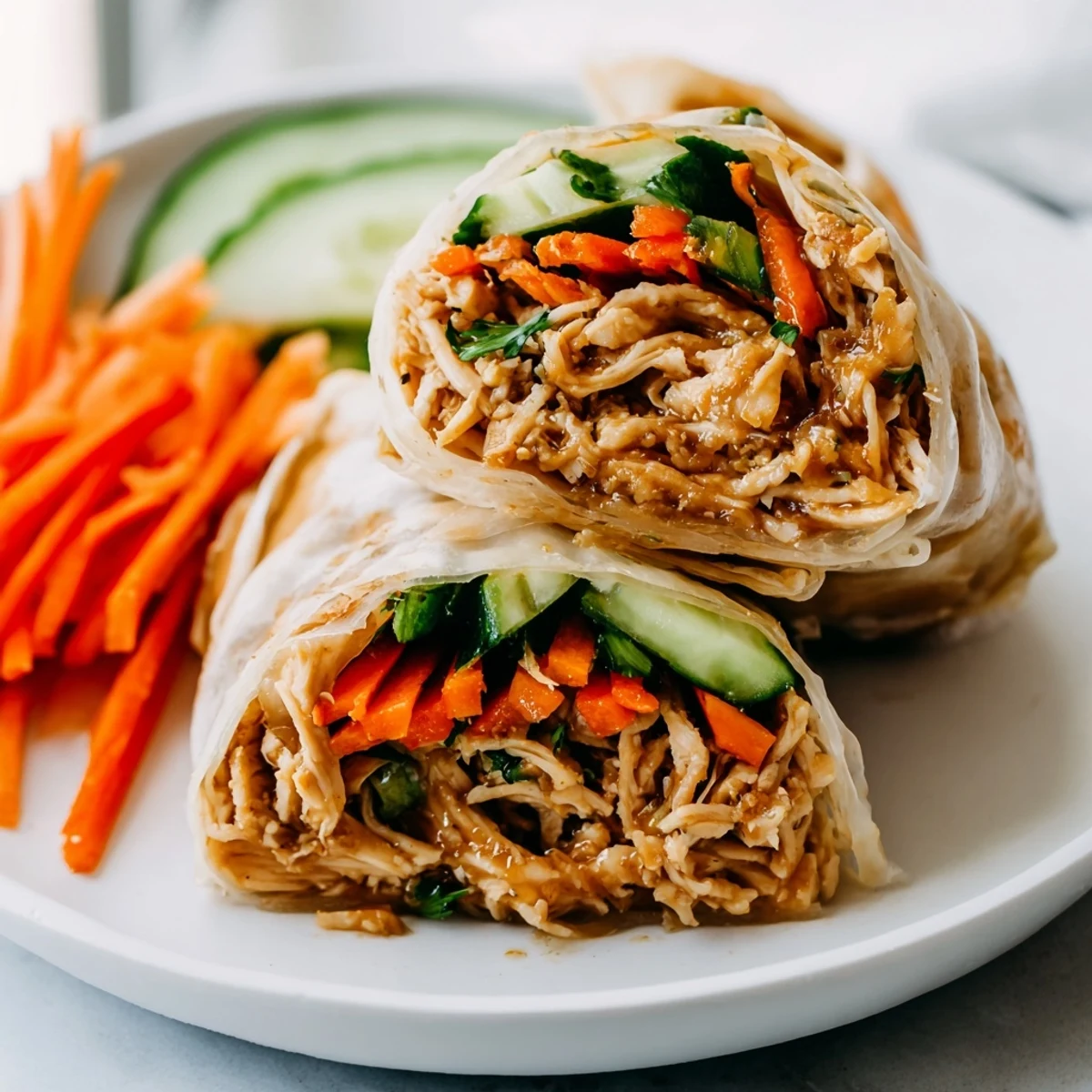 Close-up of freshly pan-fried Garlicky Pulled Chicken Wraps, showcasing the vibrant filling and crisp exterior.