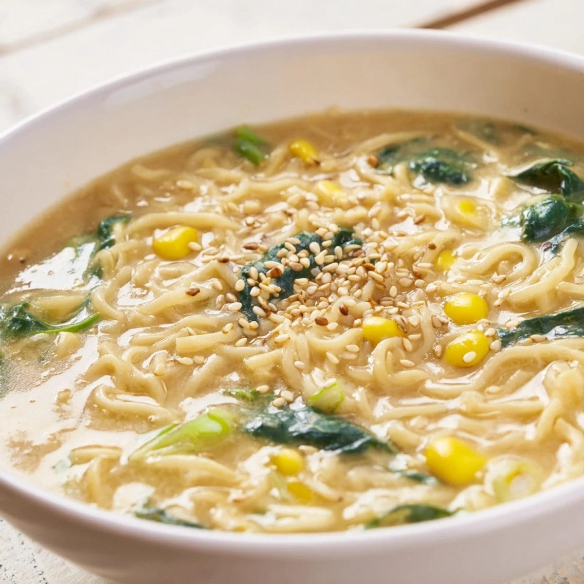 Rich, steaming bowl of Elevated Ramen Egg Drop Soup, showcasing fluffy egg ribbons and vibrant garnishes.