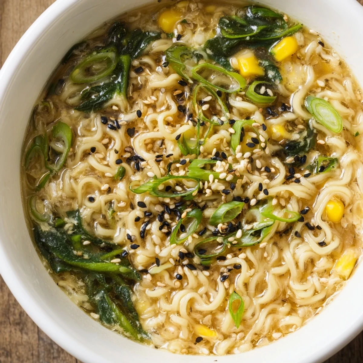 Creamy Elevated Ramen Egg Drop Soup, a comforting Asian-inspired soup with tender noodles and fresh vegetables.
