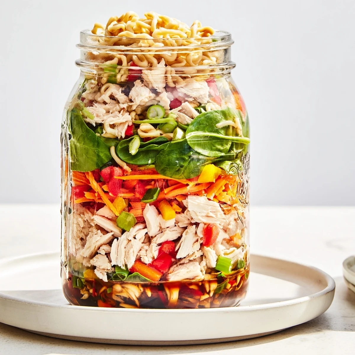 Layered Mason Jar Noodle Meal Prep featuring colorful vegetables and cooked chicken, ready to grab.