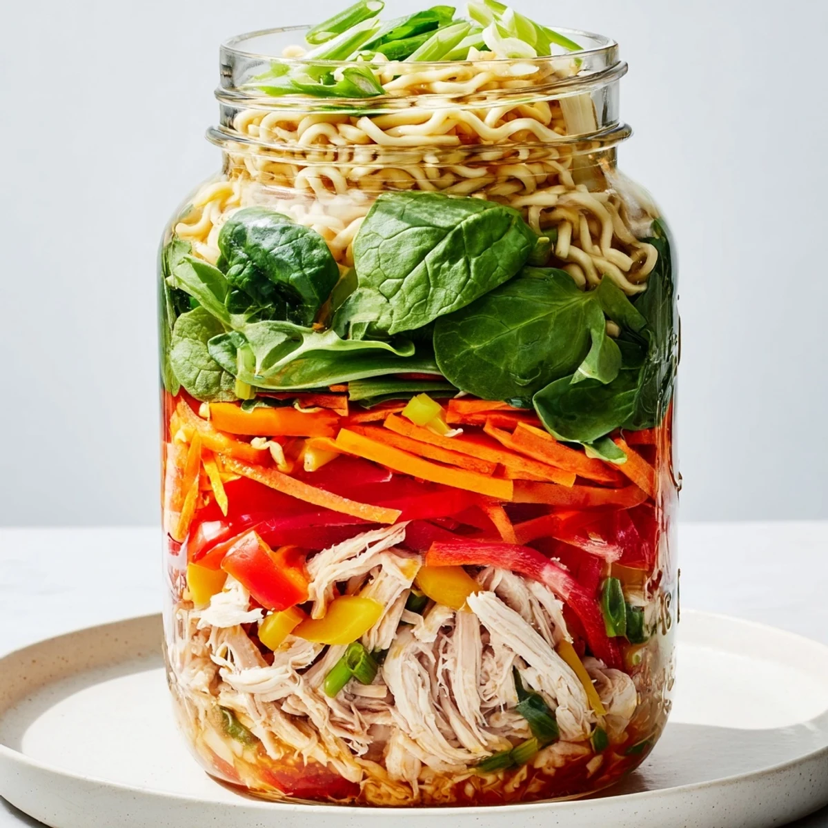 Freshly assembled Mason Jar Noodle Meal Prep featuring vibrant ingredients, perfect for a healthy lunch.