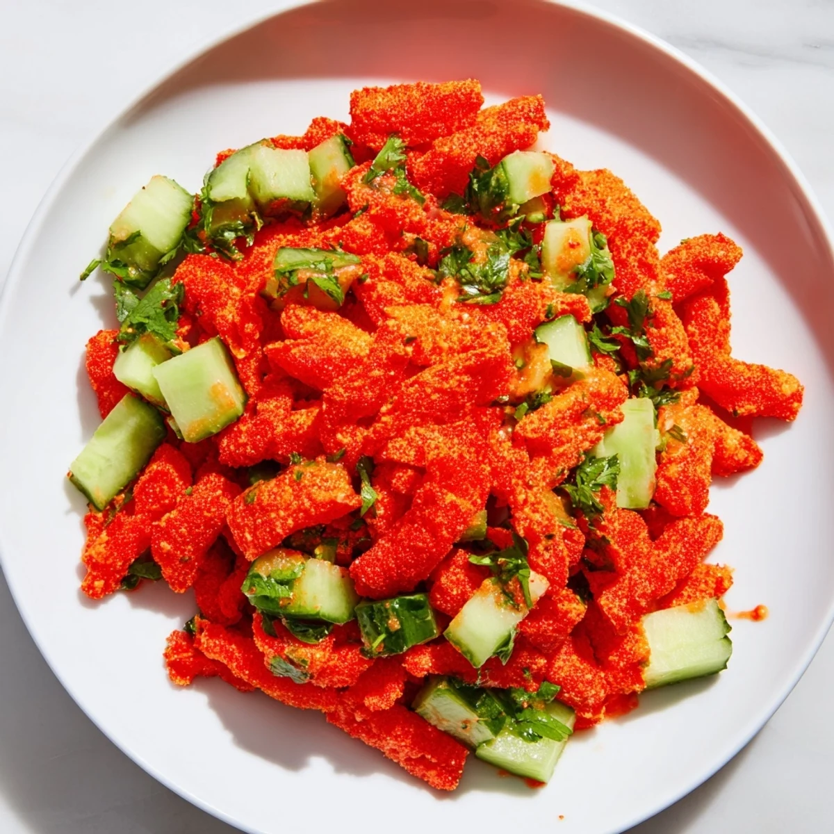 Freshly tossed Flamin Hot Cheeto Salad exploding with color, cilantro, and bold flavors.