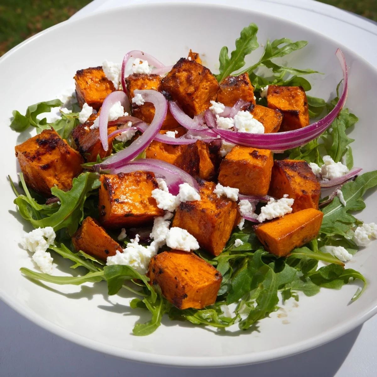 Vibrant Roasted Sweet Potato Salad, ready to eat, with crumbled feta cheese and toasted pepitas.