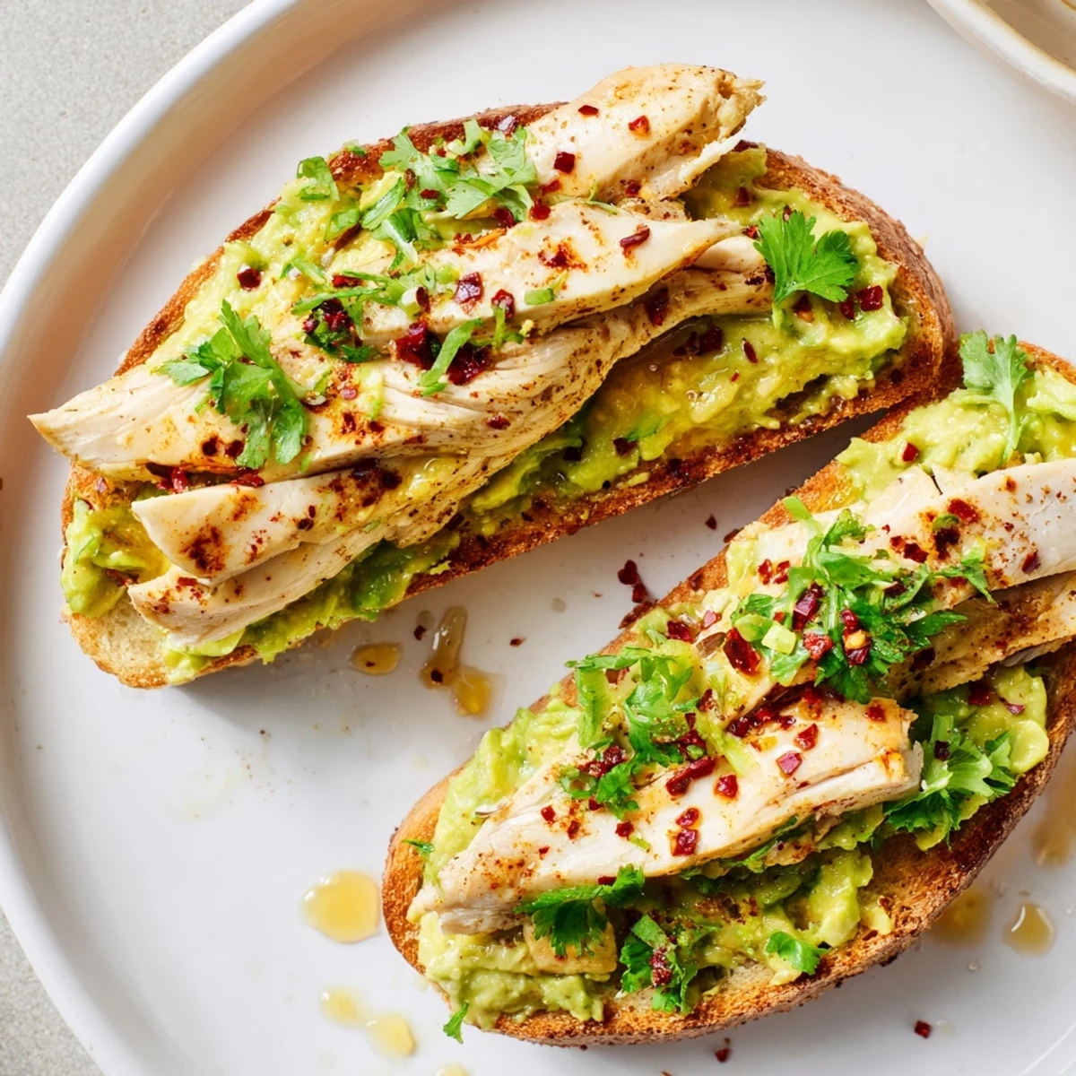 Golden slices of sourdough topped with Smashed Avocado Chicken Toast, drizzled with sweet honey.