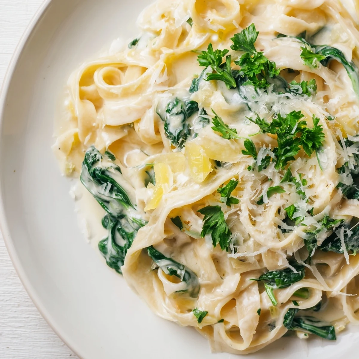 Creamy Garlic Spinach Pasta: A close-up of buttery fettuccine bathed in a rich, creamy sauce.
