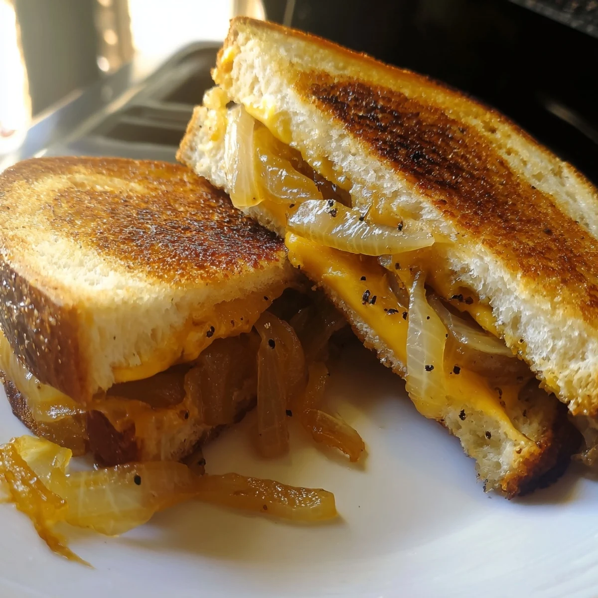 Perfectly cooked caramelized onions blend with melty cheese in this decadent grilled cheese sandwich.