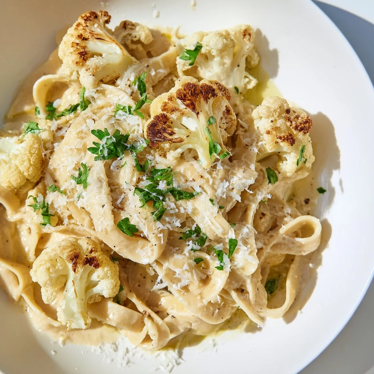 Steaming plate of roasted cauliflower Alfredo with fettuccine, garnished with fresh parsley and Parmesan.