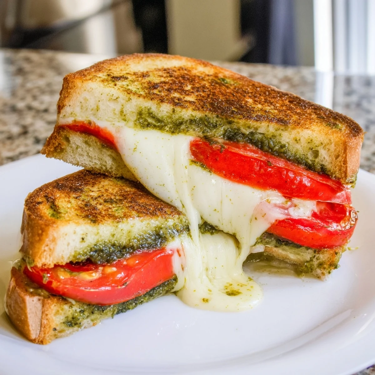 Golden, gooey Caprese Pesto Grilled Cheese oozing with melted mozzarella and fresh tomato slices.