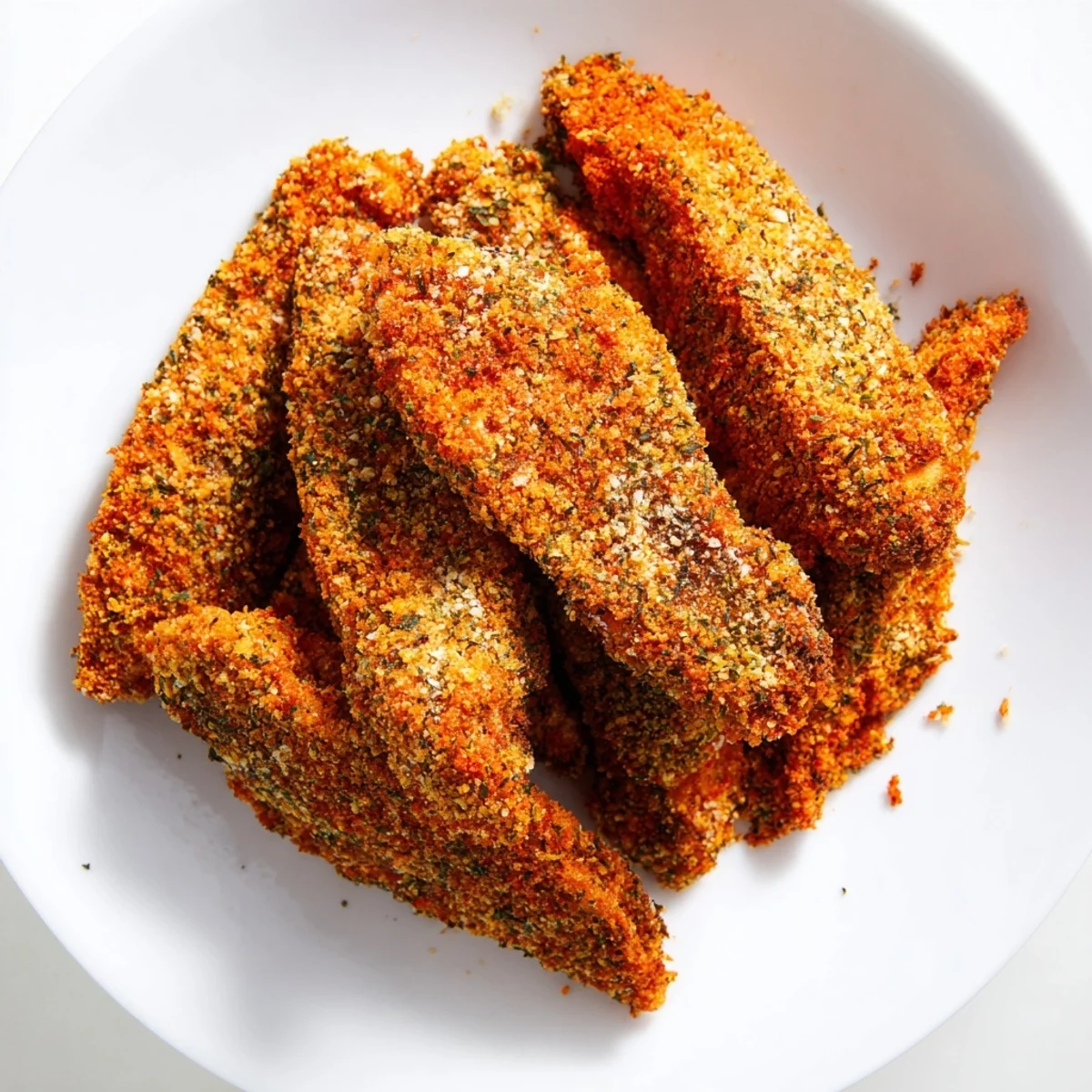 Close-up of freshly cooked crispy panko chicken strips, seasoned with herbs, perfect for a family meal.