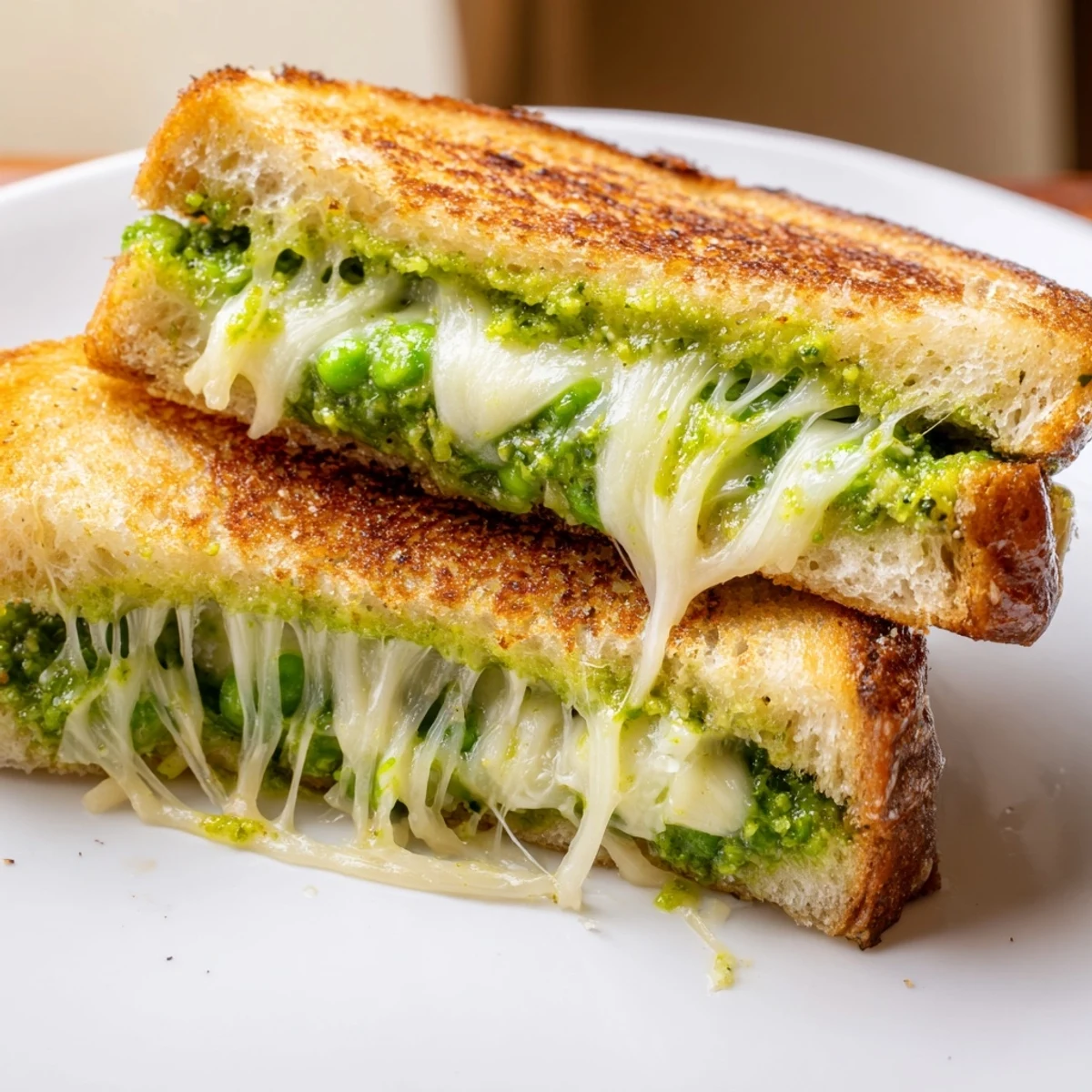 Golden, oozing spring pea pesto grilled cheese sandwich ready to be sliced, a delicious vegetarian meal.