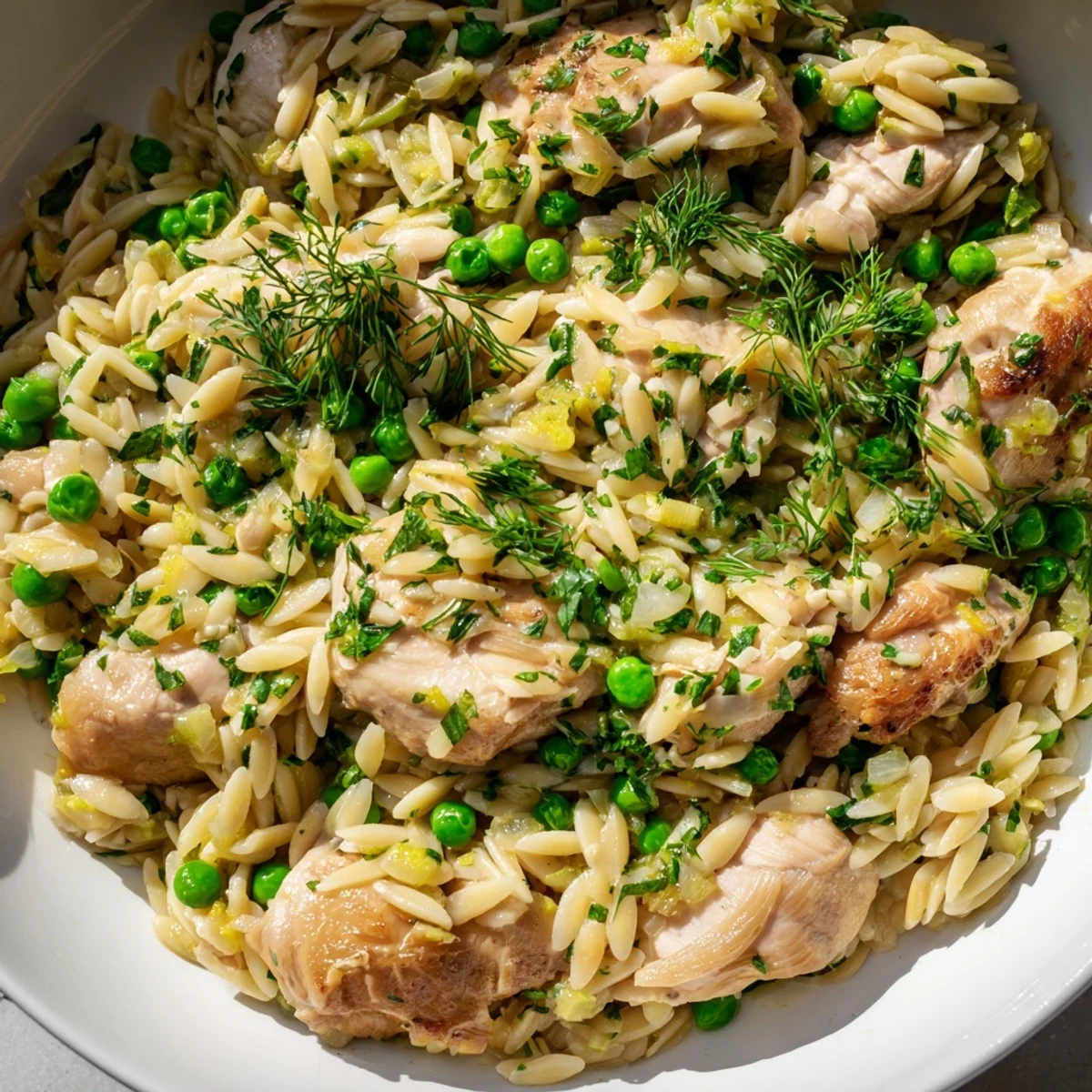 A visually appealing, one-pan Lemon Herb Chicken Orzo skillet, ready to serve for a simple dinner.