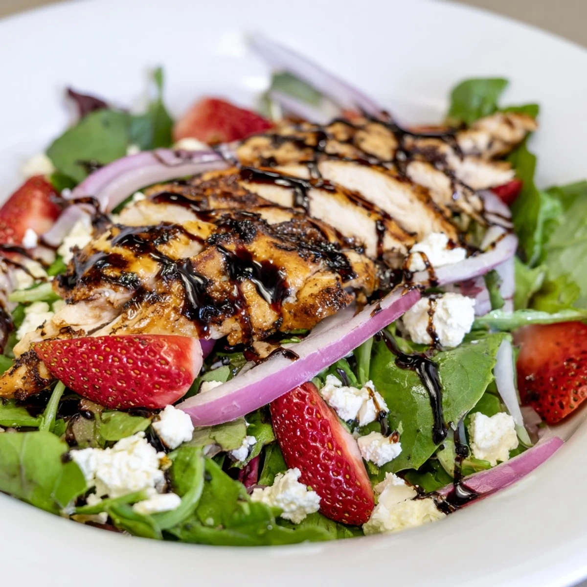 Close-up of a refreshing Strawberry Balsamic Chicken Salad, with grilled chicken and sweet strawberries.